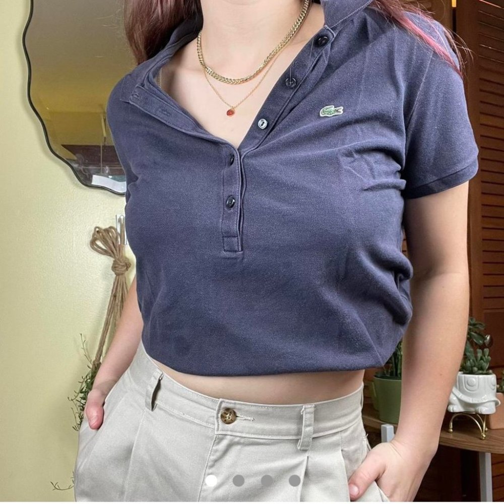 Navy blue button up polo shirt.